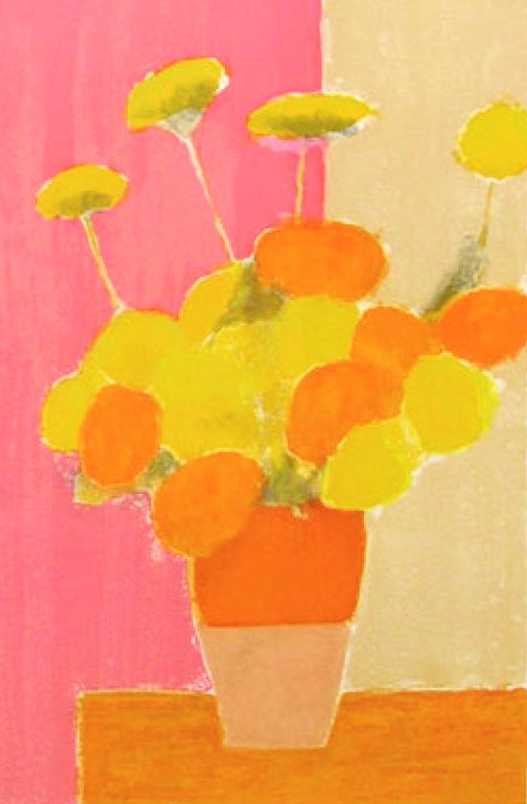 ベルナール・カトランの絵画作品　タイトルは、INDIAN ROSES ON A PINK WALL